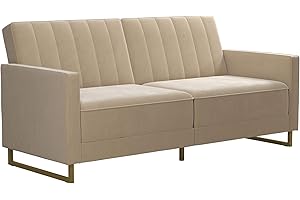 Novogratz Skylar Futon Sofa Bed in Velvet Fabric - 77 Inch Couch Sleeper with Industrial Modern Upholstery, Black Metal Legs, Ivory
