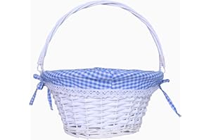 KRZIL Easter Basket Gift Basket Oval Willow Round Wicker Storage Basket With One Drop Down Handle Fabric Cotton Linen For Office, Bedroom, Closet, Toys