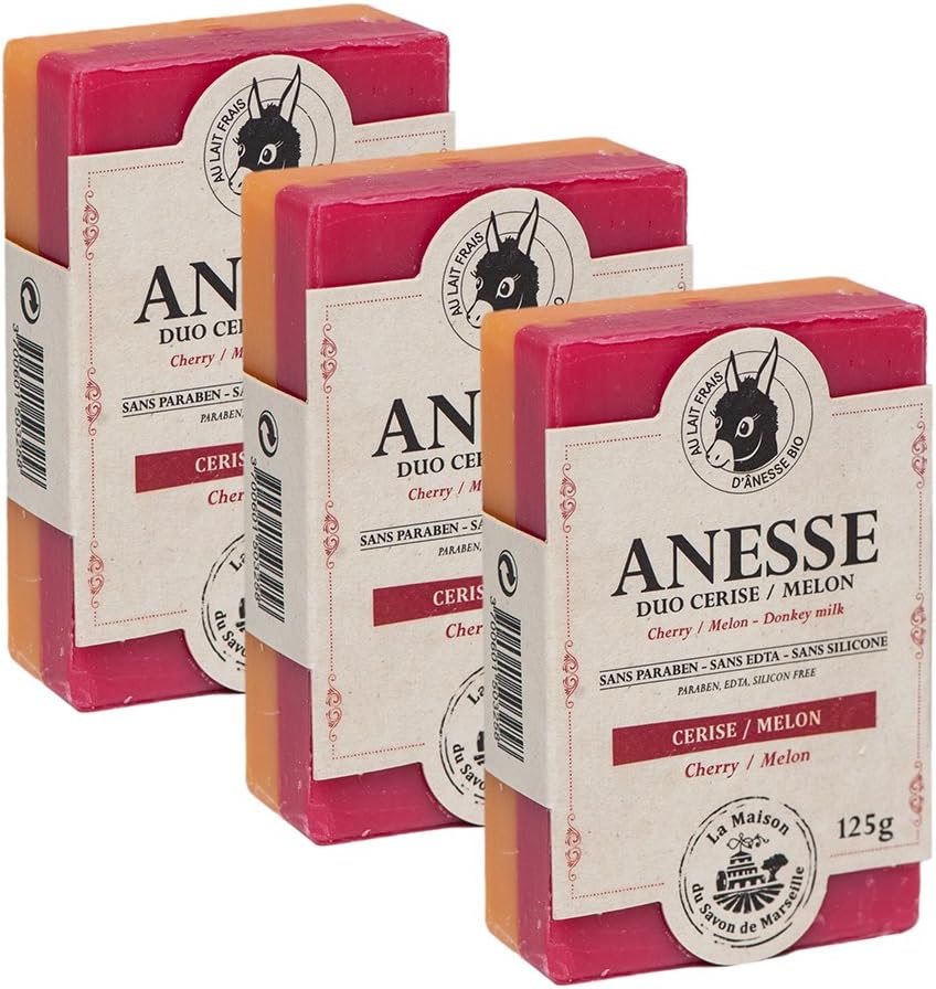 3 x French Donkey Milk Soap Duo - Cherry and Melon - 125g La Maison du Savon de Marseille made with organic argan oil and shea butter