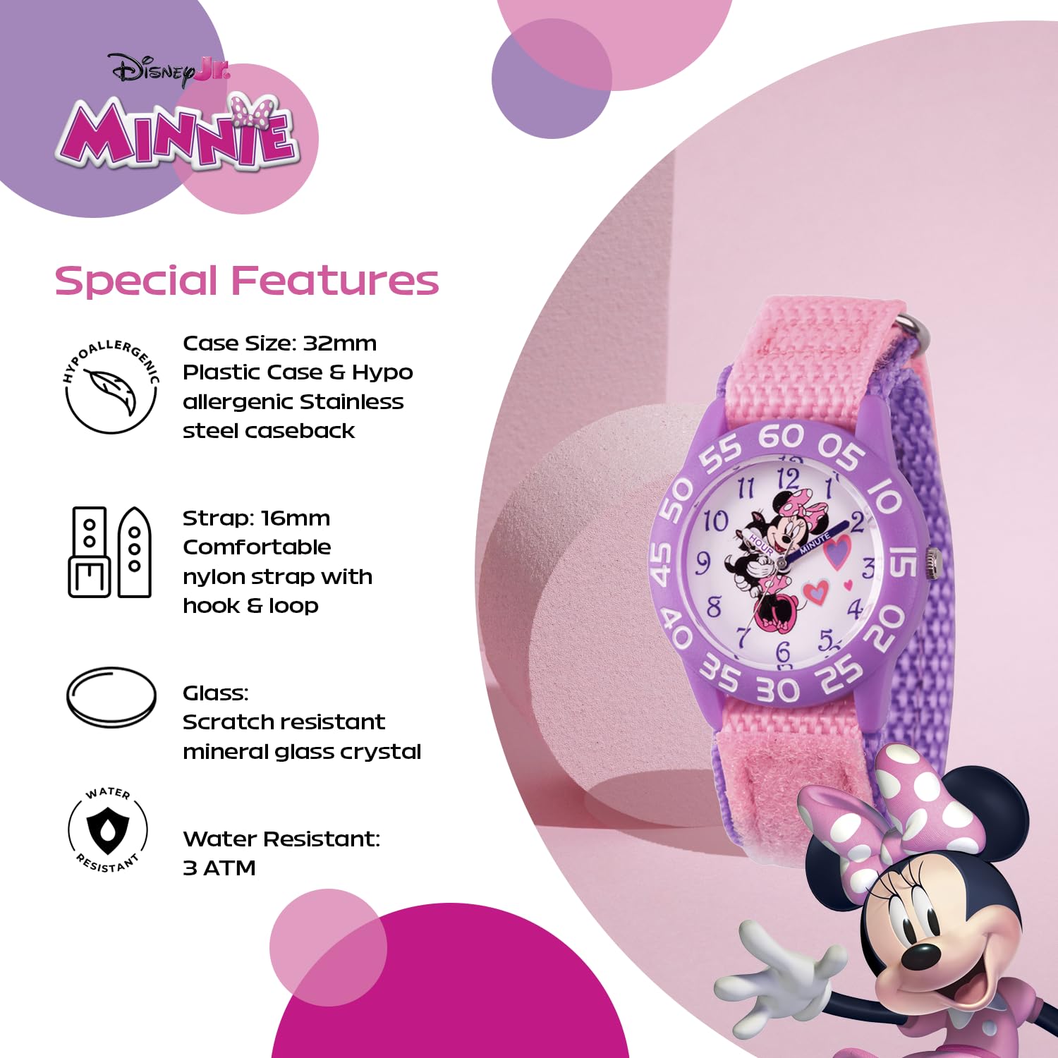 Disney Minnie Mouse Watch for Girls – Cute Minnie Mouse Watch for Toddlers & Girls – Gift Young Fans – Watches Kids 3-5 with Purple Bezel & Reversible Nylon Strap