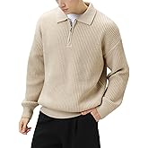 POHADON Men Quarter Zip Up Collared Neck Sweater Vintage Aesthetic Chunky Grandpa Grunge Clothes Fall Winter Korean Fashion