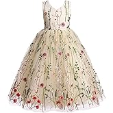 IDOPIP Embroidery Flower Girl Lace Dress for Kids Wedding Pageant Party First Communion Dresses Princess Bridesmaid Maxi Gown