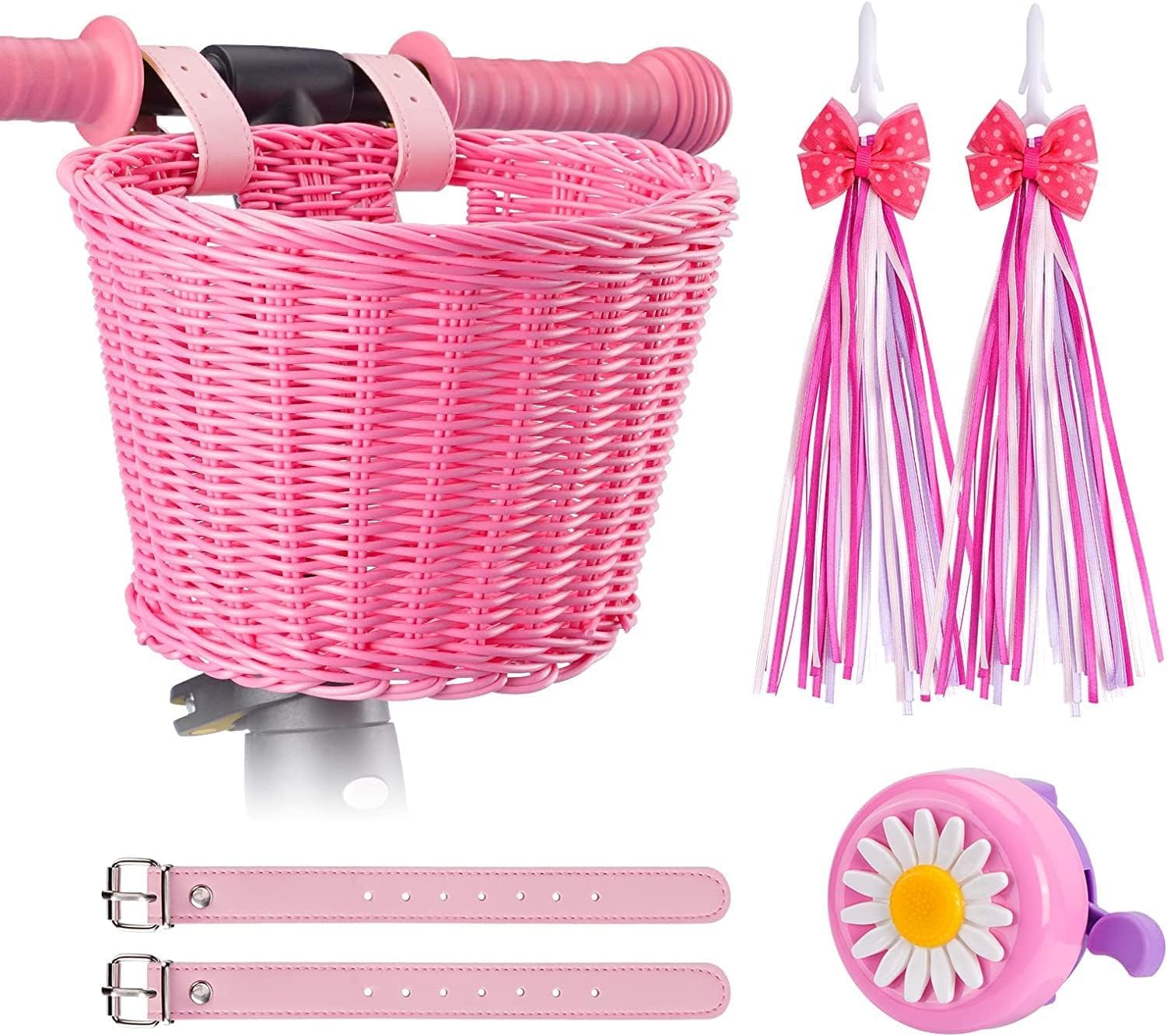 Kids Bike Basket Set, Girl Bike Basket Pink Handwoven, Children Cycling Baskets with Leather Straps, Bicycle Accessories, Bowknot Streamers and Bell Easy Install Detachable