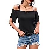 KIFOVEN Women's Cold Shoulder Tops Flounce Split Short Sleeve Casual T Shirts Blouse