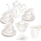 Agyiuns Tea Set 21-Piece Porcelain tea cups and saucers set of 6 with Sugar and Creamer Set & Teapot,teapot set for Adults, Women Tea Party,White