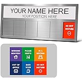 Name Plate for Desk& Office Door Sign, 6 Options Do Not Disturb, In A Meeting, Out of Office, Working Remotely, Please Knock, Stick or Stand with Desk Name Plate, Brushed silver