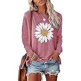 FAOUEOW Womens Sunflower Graphic Long Sleeve Casual Cotton Tee Tops Fashion Floral Printed Crewneck Tees Shirt