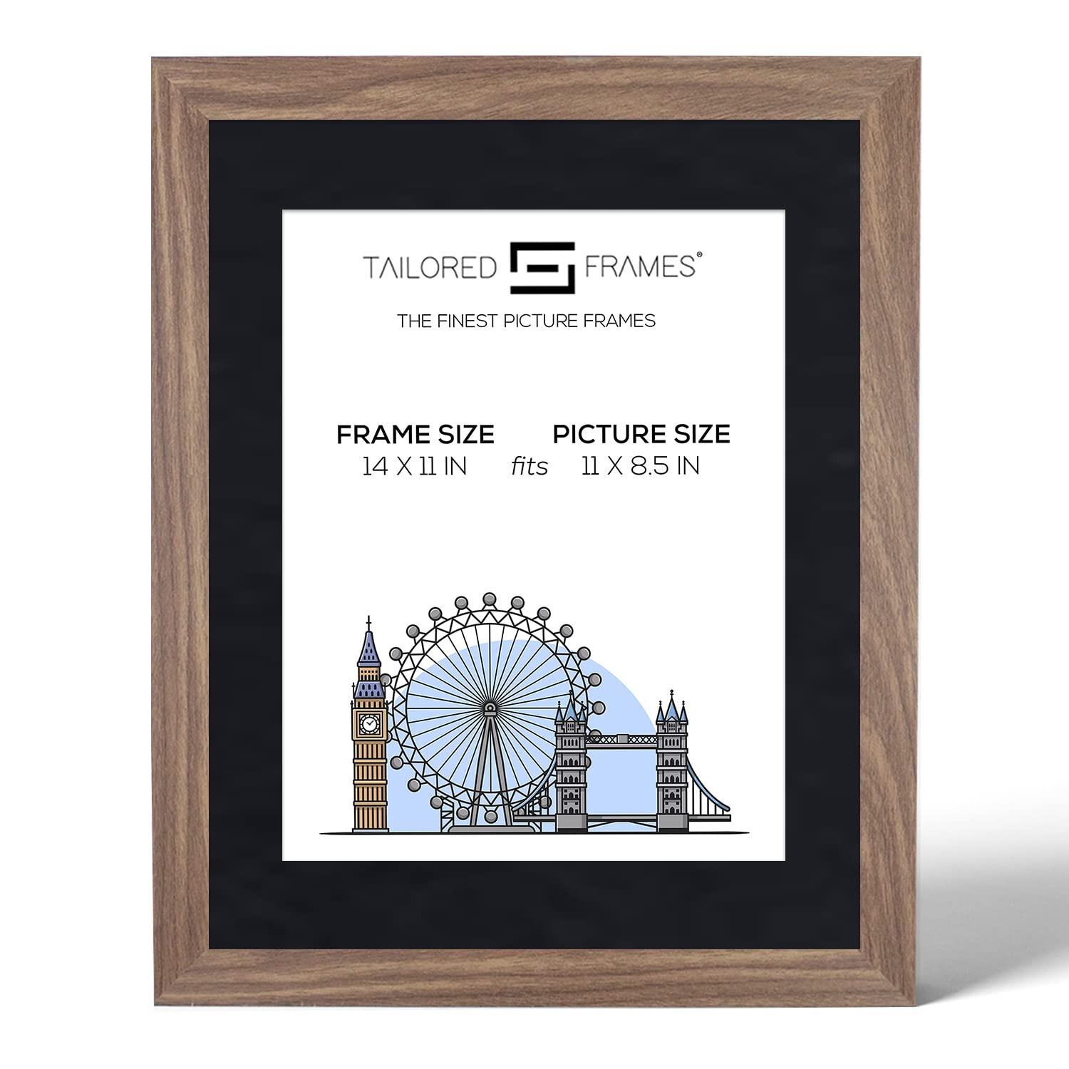 Tailored Frames Seattle Walnut 14" x 11" Frame for 11" x 8.5" Picture | Single Picture Frames | Wall Hanging Type | Photo Frame With Black Mount