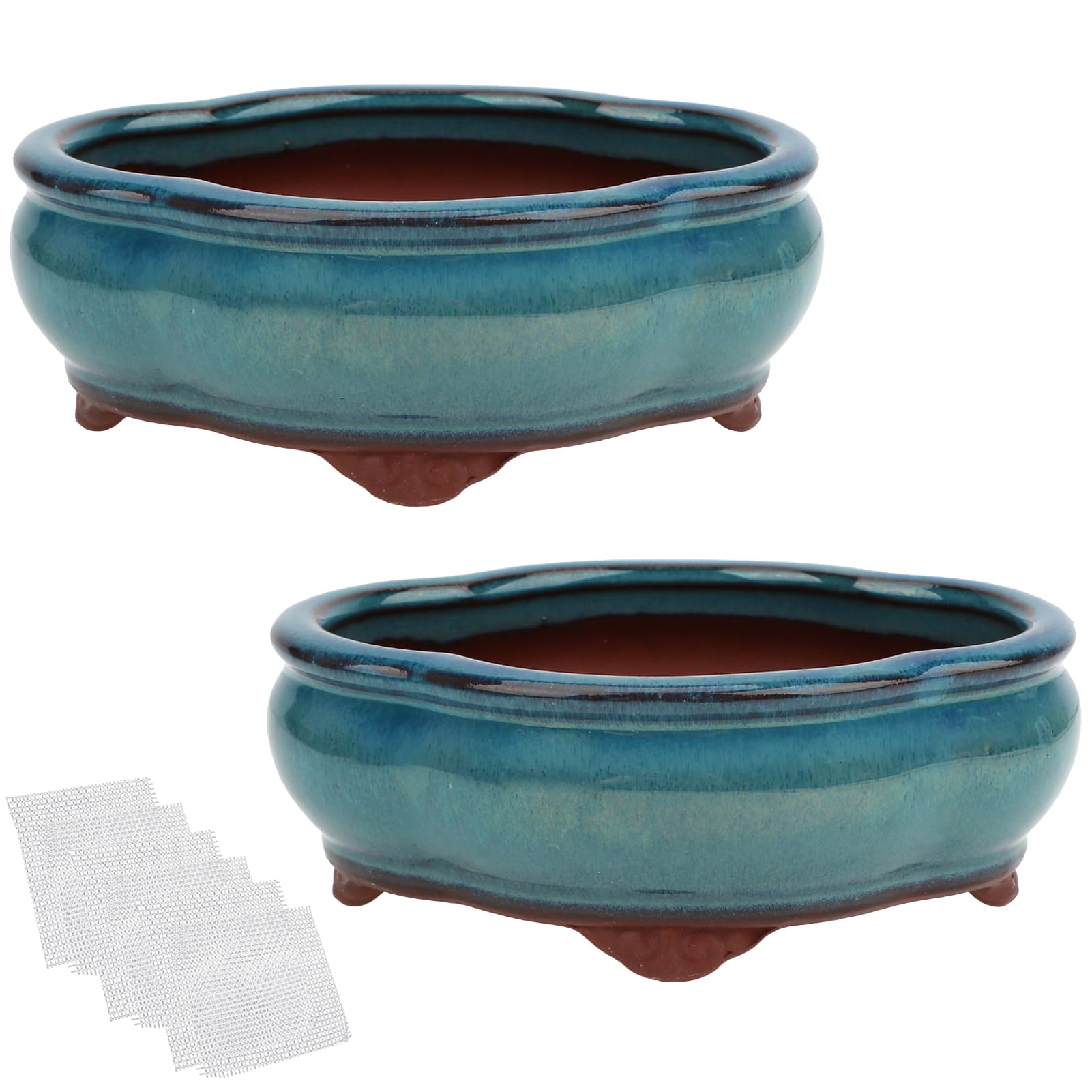 happy bonsai 5.7" Small Glazed Pots Set of 2 + 6 Soft Mesh Drainage Screens — image 1