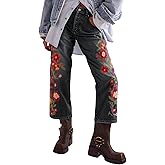 loveimgs Women Baggy Jeans Y2k Floral Embroidered Crop Denim Pants Wide Leg Mid Rise Jeans Cowgirl Sweatpants Trouser Pockets