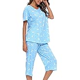 ENJOYNIGHT Womens Pajama Sets Cotton Pj Set Short Sleeve Top With Capri Pants Sleepwear 2 Piece Lounge Set