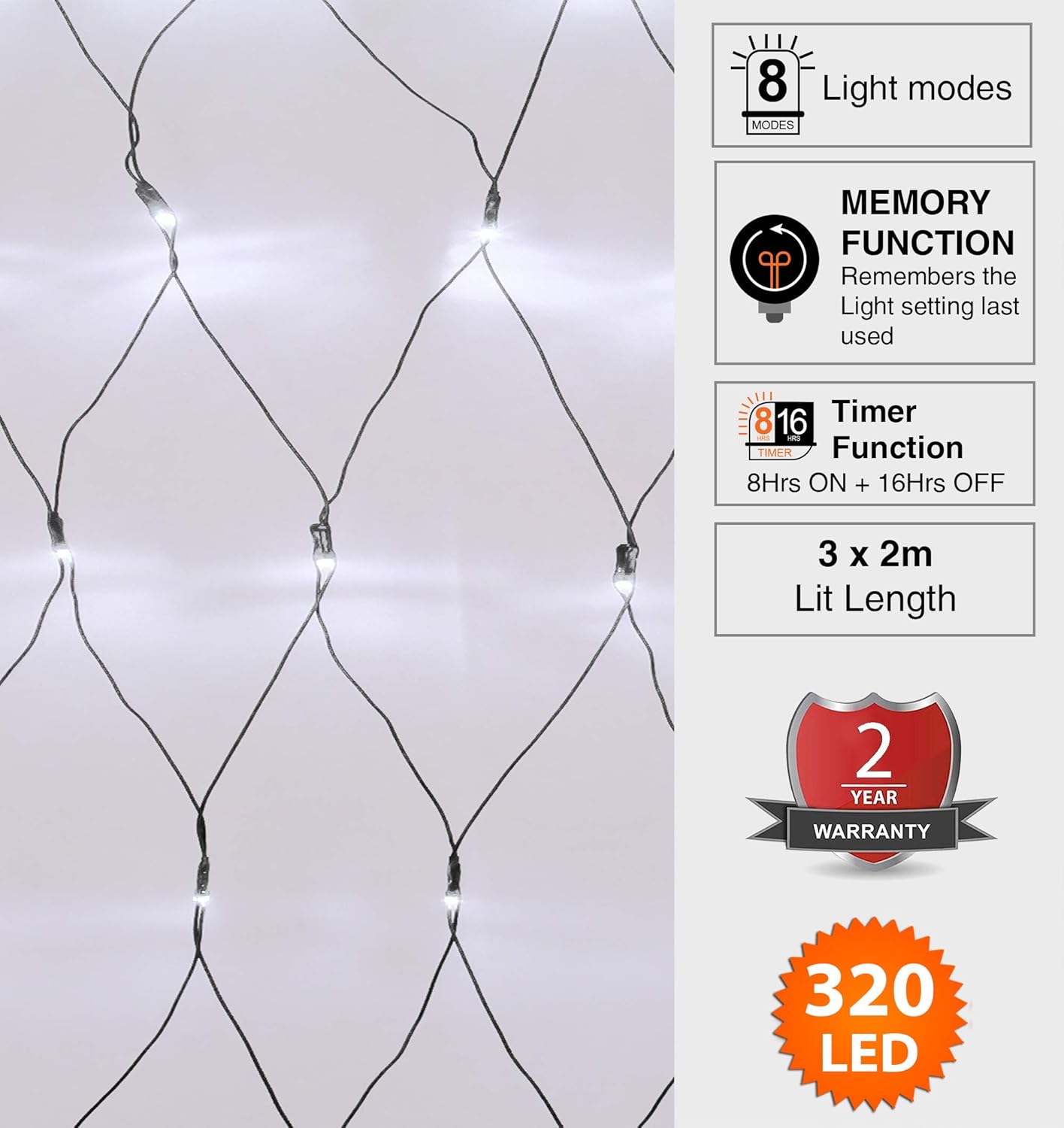 ANSIO® Christmas Net Lights Outdoor, 320 LED 3x2m Cool White Fairy Lights with Timer - Image 4