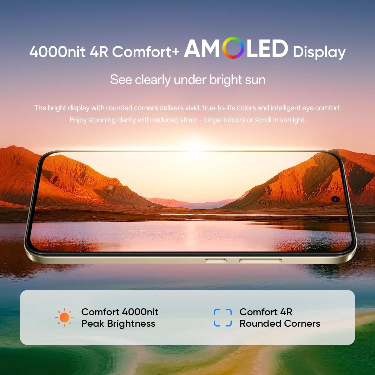 realme 15T 5G AMOLED display with 4000 nits peak brightness and 4R Comfort+ technology.