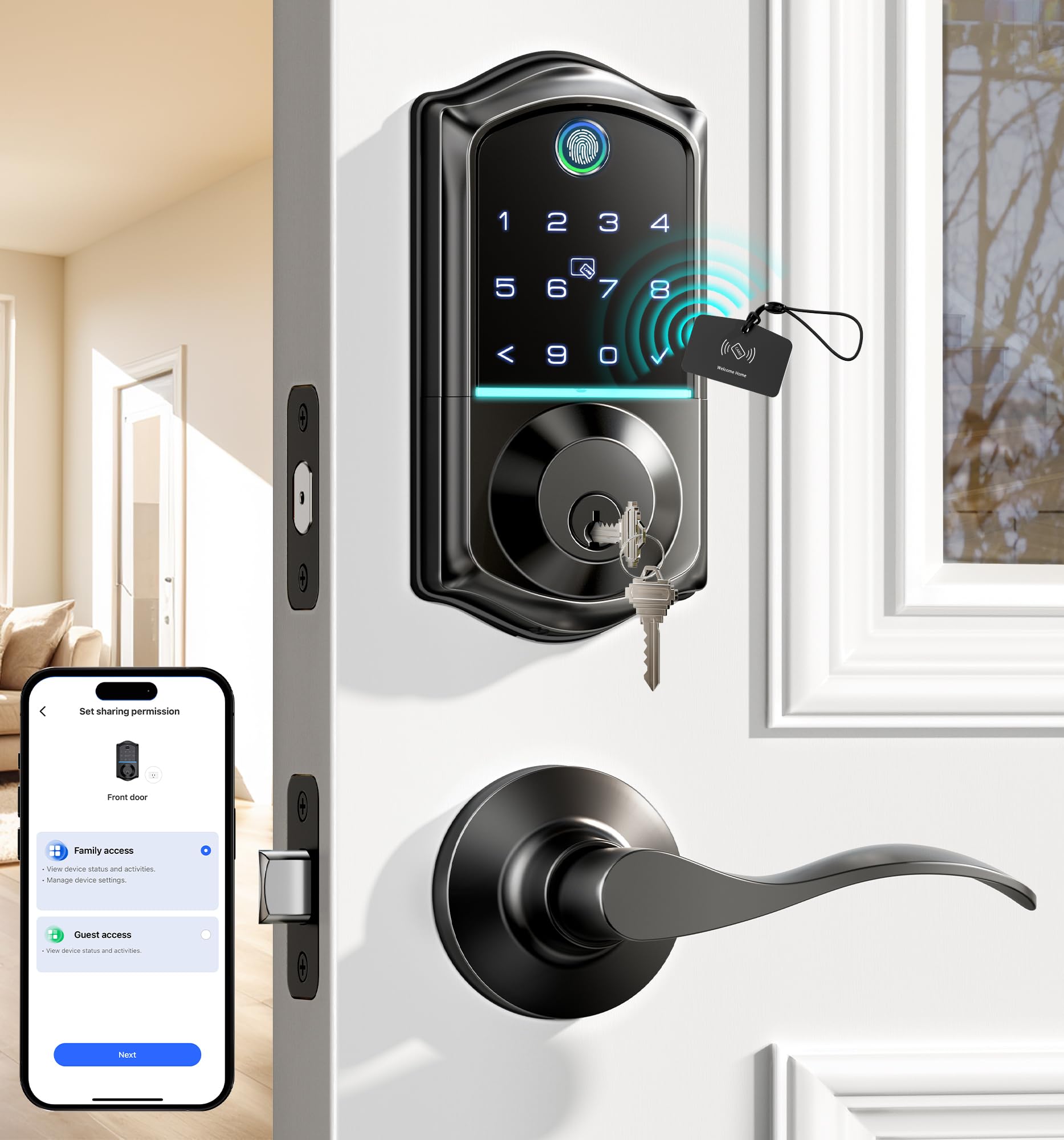 Photo 1 of Veise Fingerprint Smart Lock with 2 Lever Handles, Keyless Entry Front Door Lock Set, App Control, Electronic Digital Keypad Deadbolt, Easy Installation, Emergency Power Port, Matte Black