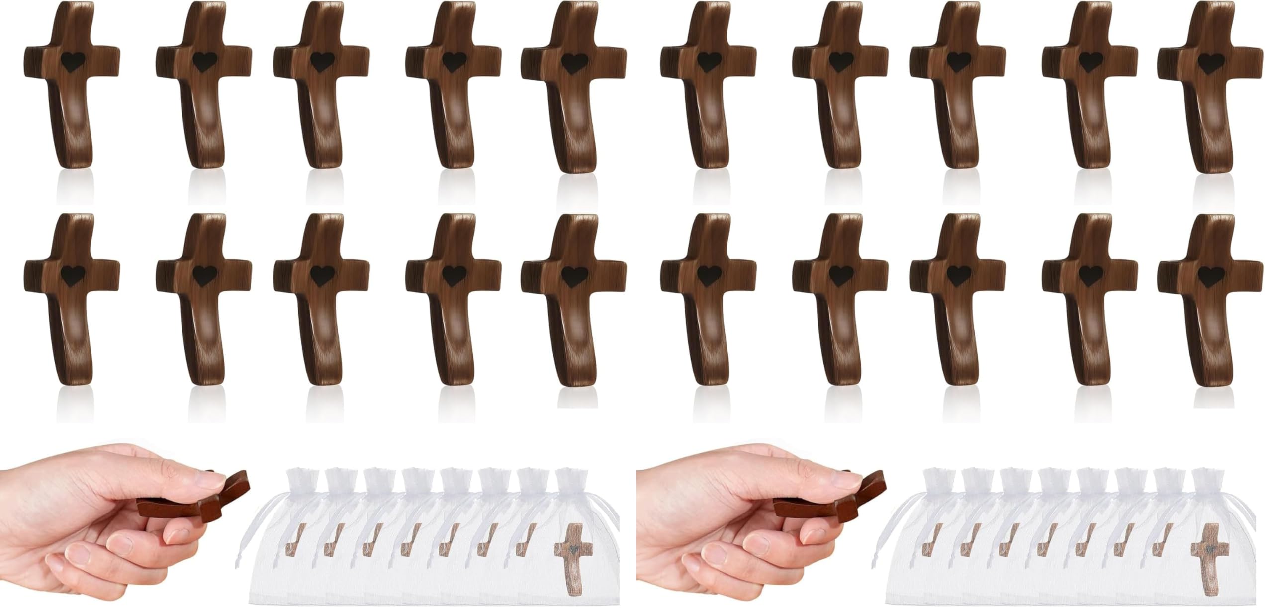 Handmade 10Pcs Wooden Cross Fidget Bulk with Organza Bags - Stress Relief Pocket Cross My Heart for Christian, Pocket Prayer Cross, Religious Easter Day Gifts (Pack of 2)