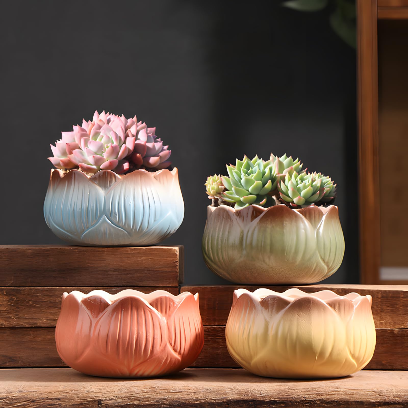 Ceramic Succulent Plant Pot Set of 4, Mini Succulent Pots, Colorful Pattern Cactus Plants Pot, Small Plant Pots with Drainage Holes for Desktop, Windowsill, Garden(Plants Not Included)