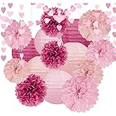 Hot-Pink Decorations for Party - 17pcs Tissue Paper Flowers Pom Poms Lanterns Birthday Bridal Baby Shower Wedding Anniversary Bachelorette Engagement Graduation Hanging Decor Hongtongtong