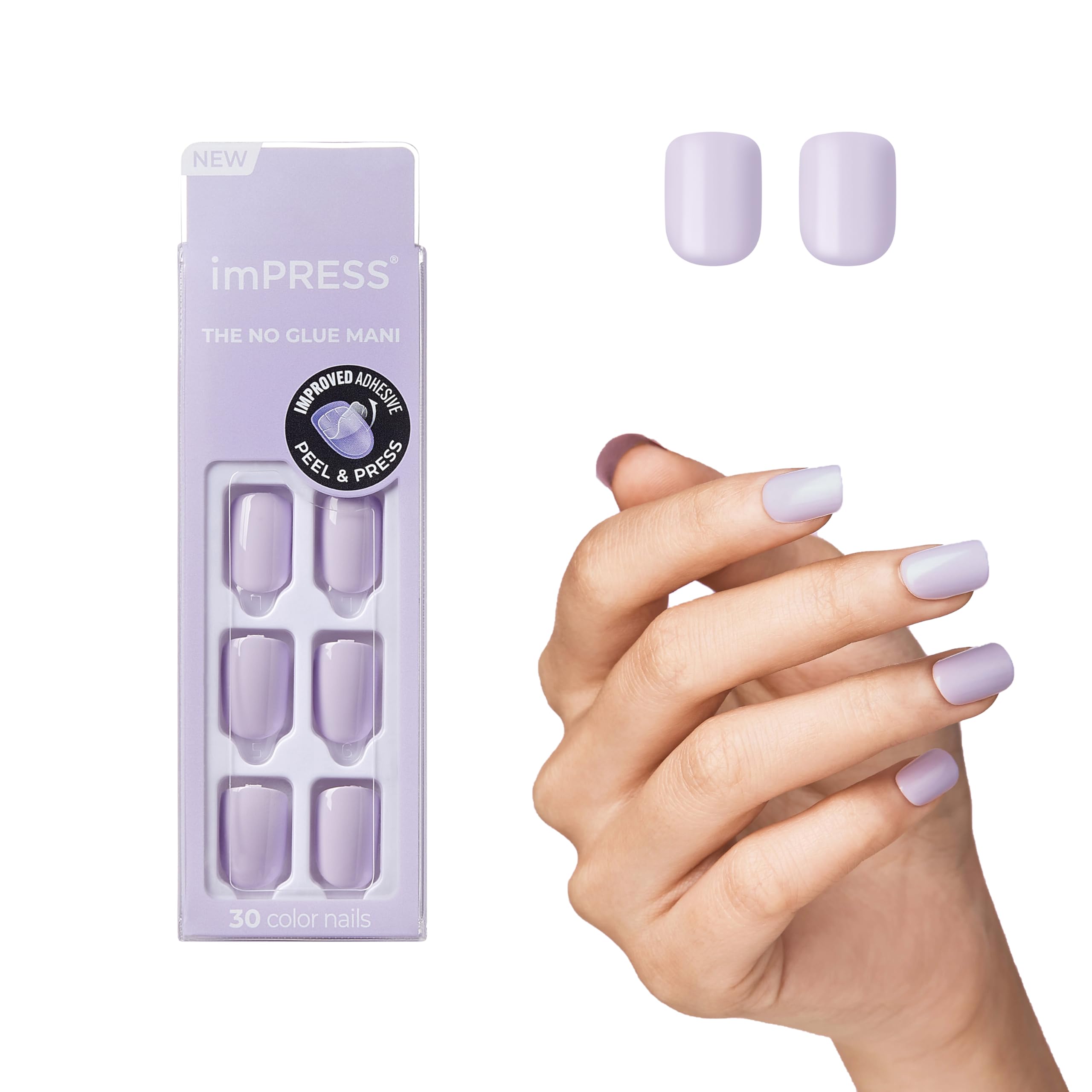 KISS imPRESS No Glue Mani Press On Nails, Color, 'Picture Purplect', Violet, Short Size, Squoval Shape, Includes 30 Nails, Prep Pad, Instructions Sheet, 1 Manicure Stick, 1 Mini File