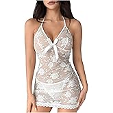 SHENHE Women's Babydoll Lingerie Lace Chemise Halter Sheer Nightgown Nightdress with Thong