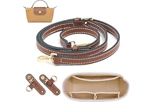 LOUKAYCCI 2 Kit Mini Bag Leather Shoulder Strap and Felt Purse Organizer Insert for Longchamp mini XS Bag Punch-Free Adjustable Buckle Design（Beige & Strap）