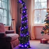 Aurelema 5 ft Curved Halloween Pop up Christmas Tree with Lights Tinsel | 50 LED Lights, Black, Whimsical Curved Design, Saves Space, Plastic Tinsel Sparkles with LEDs, for Apartments Offices