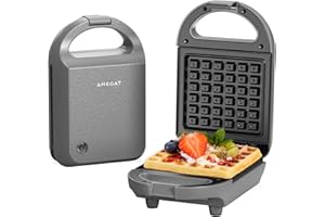 Mini Waffle Maker, Non-Stick Waffle Iron Small, Breakfast Machine for Kinds, Hash Browns, Keto, Snacks, Gray, Fast Heating, 600W, AMEGAT