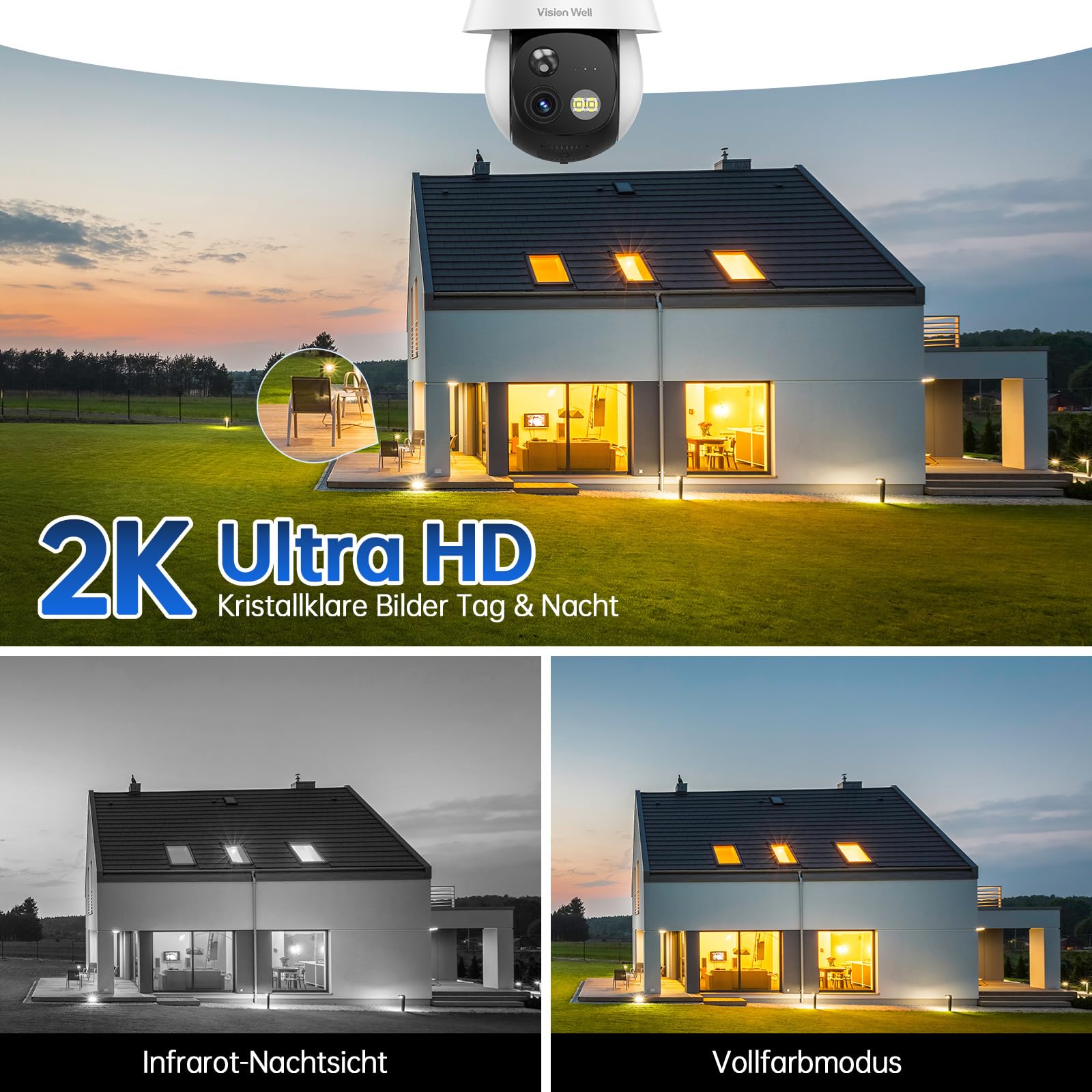 VISION WELL Solar Überwachungskamera Aussen, 2K 360° PTZ WLAN IP Kamera Kabellos, PIR Personenerkennung, Farbnachtsicht, Sirene & Lichtalarm, 2-Wege-Audio, IP65 Wetterfest, SD/Cloud 5