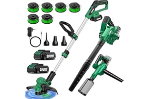 K I M O. KIMO Weed Wacker and Blower Combo with 2 x 2.0Ah Battery & Charger, 12 Inch Electric Weed Eater w/6pcs Line Spools, 4-in-1 Leaf Blower Cordless w/Vacuum, 3 Nozzles & 20" Extended Tube for Yard, Garden