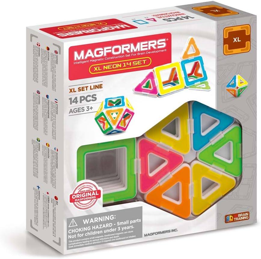 Magformers XL Neon 14 Pieces Set, Rainbow Neon Colors, Educational Magnetic Geometric Shapes Tiles Building STEM Toy Set Ages 3+