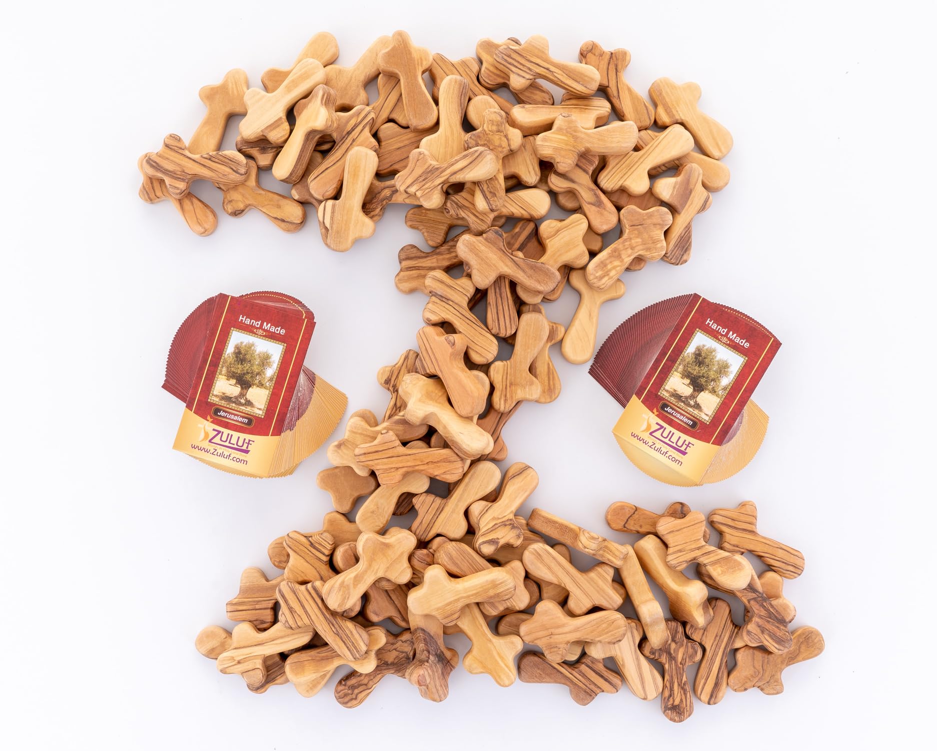 Zuluf 100 Small Olive Wood Comfort Crosses from Bethlehem Israel | Pocket Holding Crosses | Comes With 100 Holy Land Certificates 6cm / 2.5 Inch Each Cross - CRS301