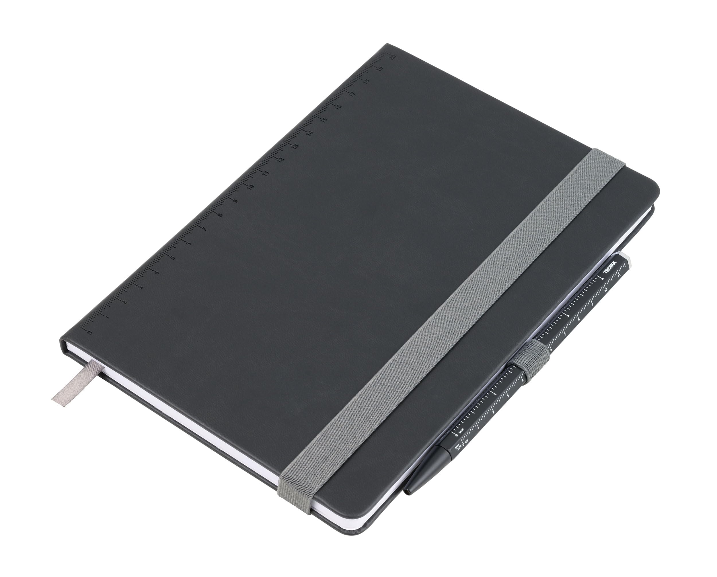 Notepad A5 Writing pad incl. biros - SLIMPAD - Elastic Band, Pen Loop, Bookmark - for Meetings, to-dos, Diary - FSC Paper - Imitation Leather, Metal - Black - TROIKA Original