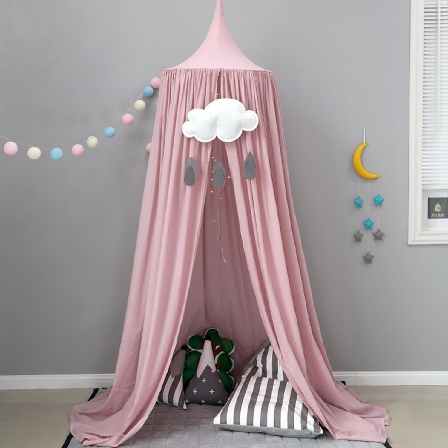 Cotton Canvas Dome Bed Canopy Kids Princess Play Tent Mosquito Net for Baby Kids Indoor Outdoor Playing Reading Height 240cm Grey Pink (Pink)