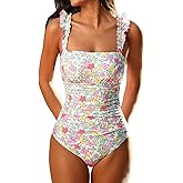 CUPSHE Women's One Piece Swimsuit Bandeau Neck Ruffle Sleeves Bathing Suit Adjustable Straps Hook Ruched Swimwear
