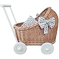 Wiklibox Natural Rattan Doll Stroller - Hand Made in Europe - Fits 17" Dolls & Plush Toys - Wicker Doll Pram & Baby Walker with Bedding Set - Perfect for Imaginative Play | Natural-Flower