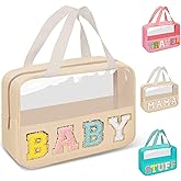 Preppy Clear Baby Makeup Bags with Chenille Letter Patches, Travel Essentials Large Clear Make up Bag Zipper Pouch with Handle, Waterproof Nylon Cosmetic Toiletry Storage Tote for Women (BABY-Beige)