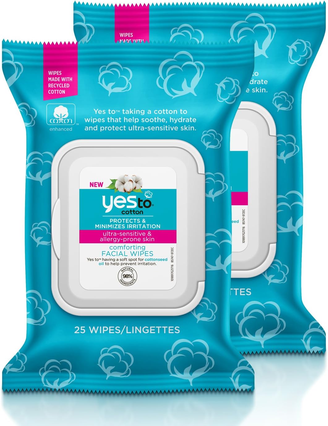 Yes To Cotton Comforting Facial Wipes for Ultra-Sensitive & Allergy Prone Skin, 25 Count (Pack of 2)