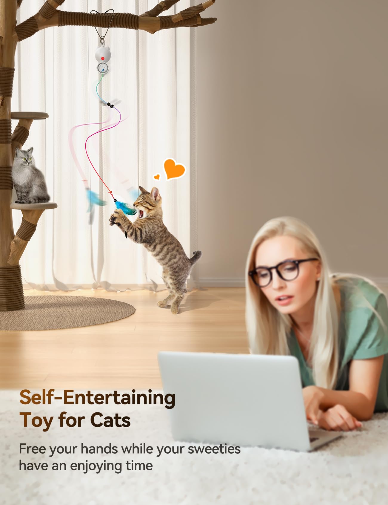 FEELNEEDY Katzenspielzeug Elektrisch mit LED Red Light Spielzeug für Katzen, Cat Toy Hängendes Automatisch Einziehbares Interaktives Spielzeug Teaser Selbstspiel Federspielzeug (Weiß) 3