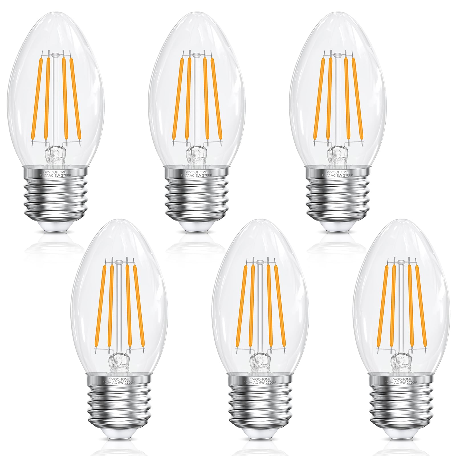 Photo 1 of GvvooHome LED Candelabra Bulbs B10, E26 Base, 2700K Soft White, 6W, 60 watt Equivalent, 600LM, Clear Glass Candle Shape Bulbs for Chandelier Light Fixture, Non-Dimmable, 6 Pack
