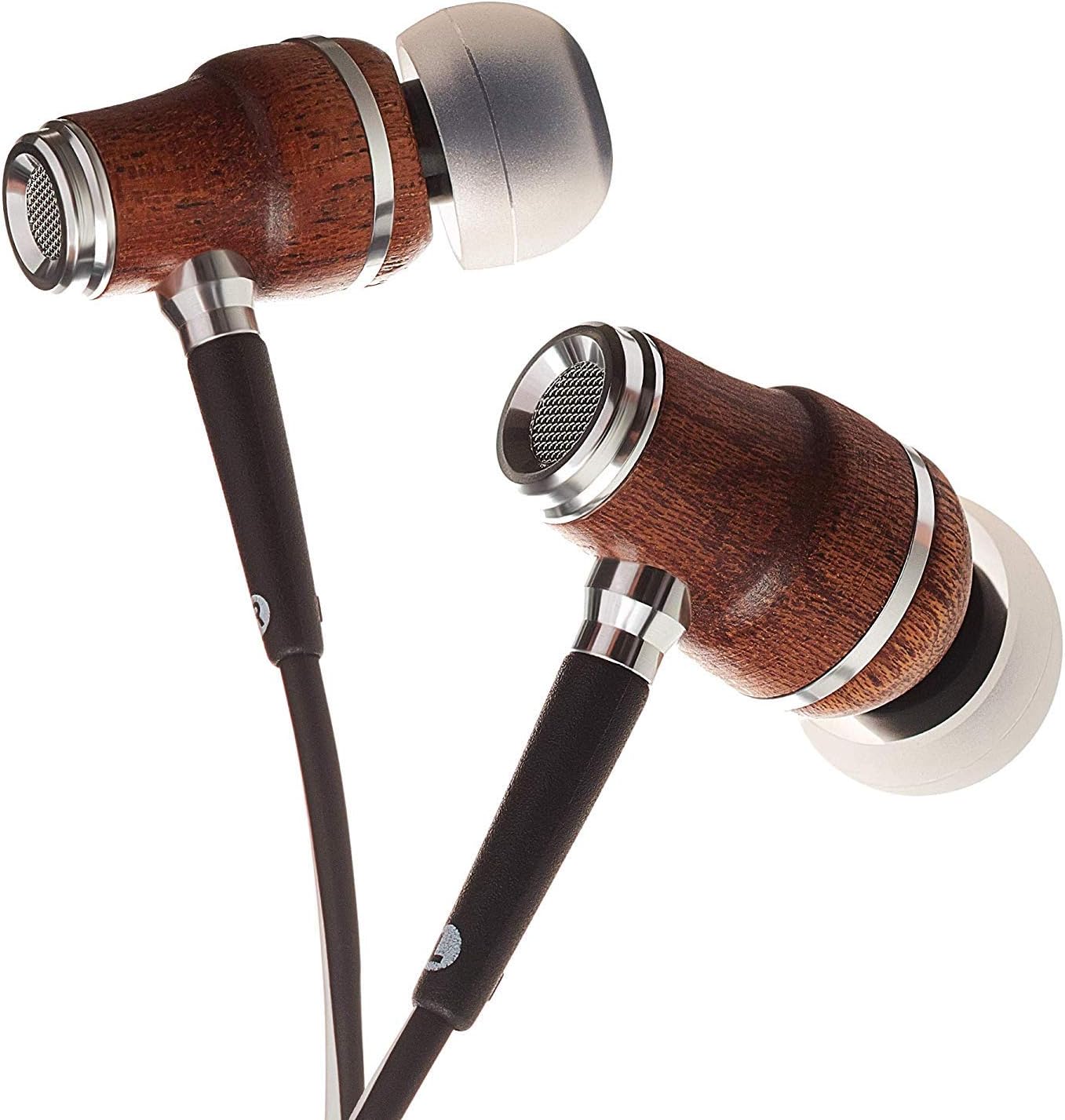 Symphonized NRG X Premium Genuine Wood Earbuds, In-Ear Noise-Isolating Headphones, Earphones with Angle-Fit Ear Tips, In-line Microphone and Volume Control, Stereo Earphones (Black&White)