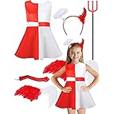 Cozypower 5 Pcs Angel Costume for Halloween Accessories Set Red White Dress Wings Headband Tail Fork