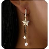 Flower Pearl Drop Earrings for Women - Delicate White Floral Long Threader Chain Dangle Earrings, Bridesmaid Wedding Jewelry, Christmas Gift for Mum, Elegant Bridal Earrings for Her