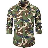 PAODIKUAI Men Camouflage Denim Shirt Camo Washed Military Long Sleeve Shirts Casual Button Down Shirts