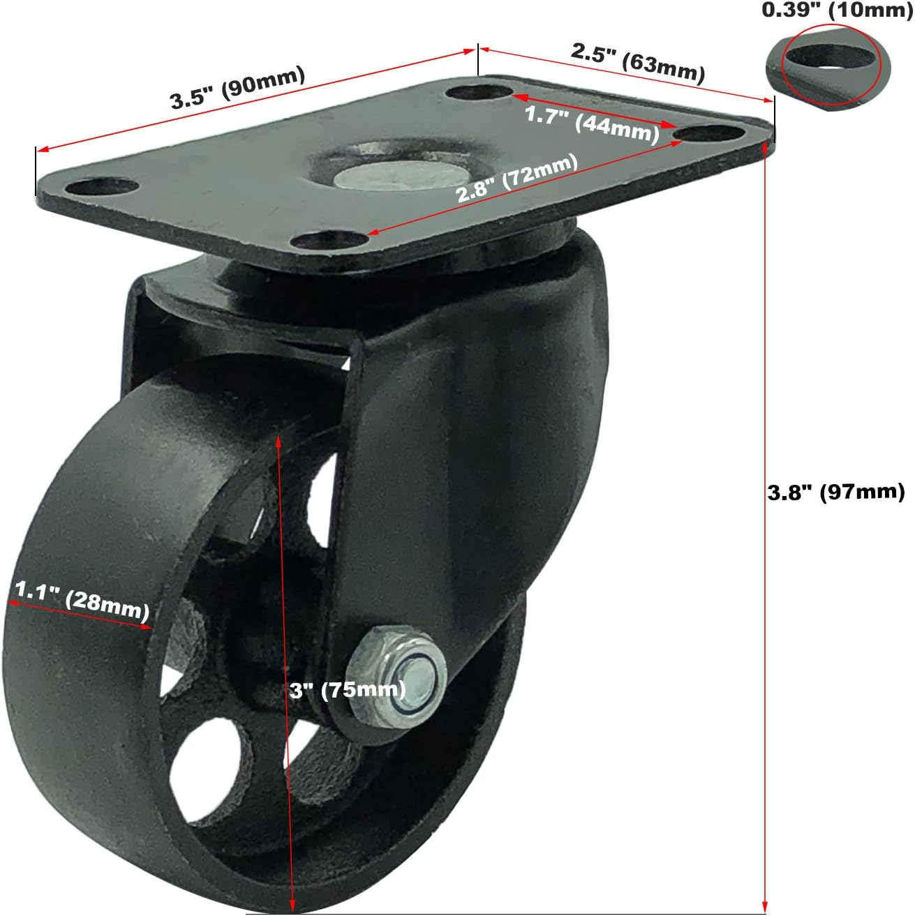 FactorDuty 4 All Black Metal Swivel Plate Caster Wheels w/Brake Lock Heavy Duty High-Gauge Steel (3" Combo): Industrial & Scientific
