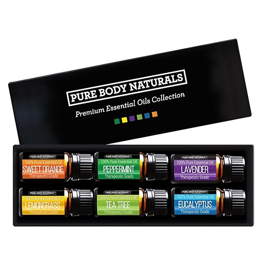 Pure Body Naturals Essential Oils Gift Set, Lavender/Tea Tree/Eucalyptus/Lemongrass/Orange/Peppermint, 6 count - 10 ml