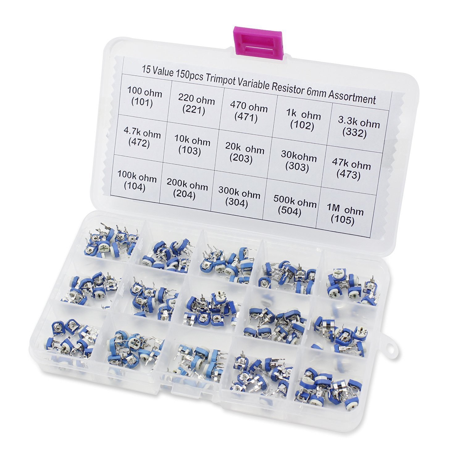 Aussel 15 Value 150 Pieces Trimpot Variable Resistor 6mm Assortment Box Kit
