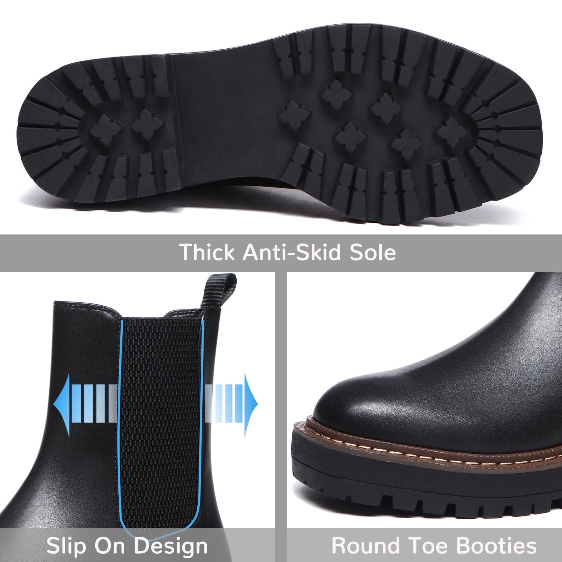 Athlefit Women's Chelsea Ankle Boots Platform Slip On Chunky Heel Lug Sole Leather Booties