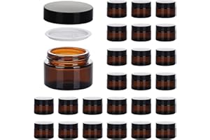 11 HOA KINH 1oz Glass Jar with Lid, Hoa Kinh 30Pack Amber Round Containers Cosmetic Glass Jars with Inner Liners and Black Lids Travel Jars for Storing Lip and Body Scrub, Lotion, Body Butter, Bath Salts, Liquid