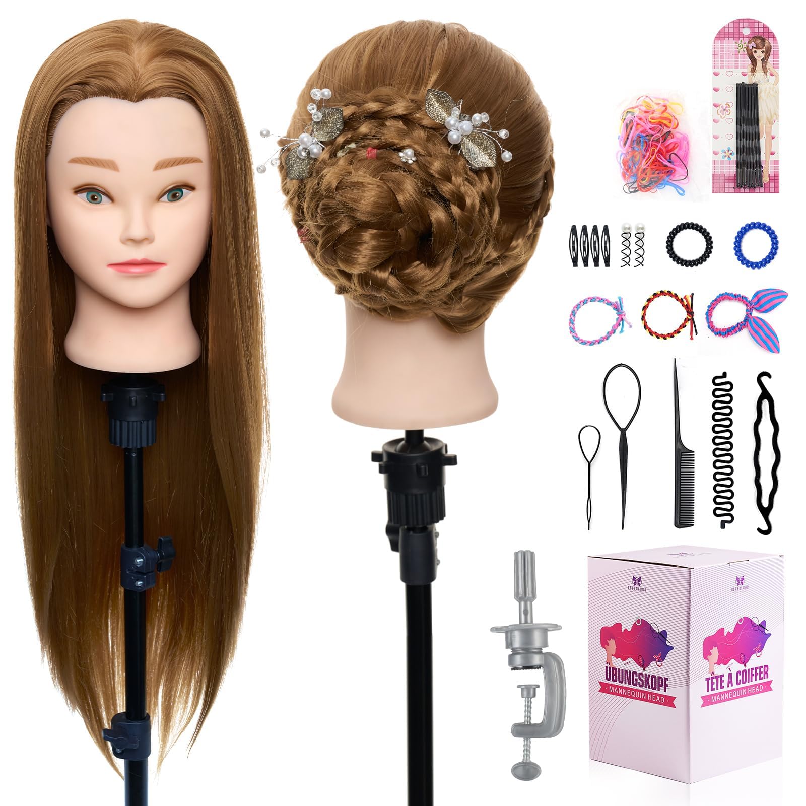 Neverland Beauty & Health 24 inch Hair Training Head Hairdressing Cosmetology Mannequin Head practice hair doll head with Hair Braiding Set Mannequin Head Stand(Brown)