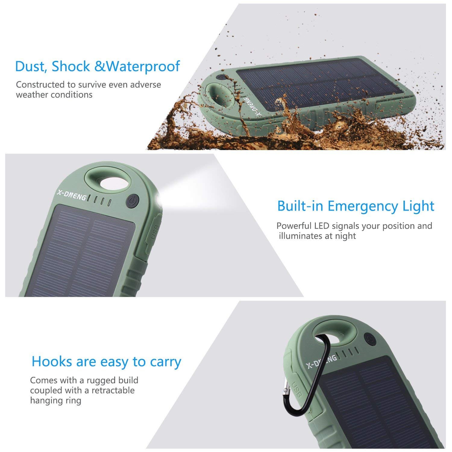Solar Chargers 12000mAh Portable Solar Power Bank,Waterproof/Shockproof/Dustproof Solar Battery Charger Dual USB Port with Strong LED Light for Cellphone iPhone iPad Samsung Adroid Gopro GPS and More