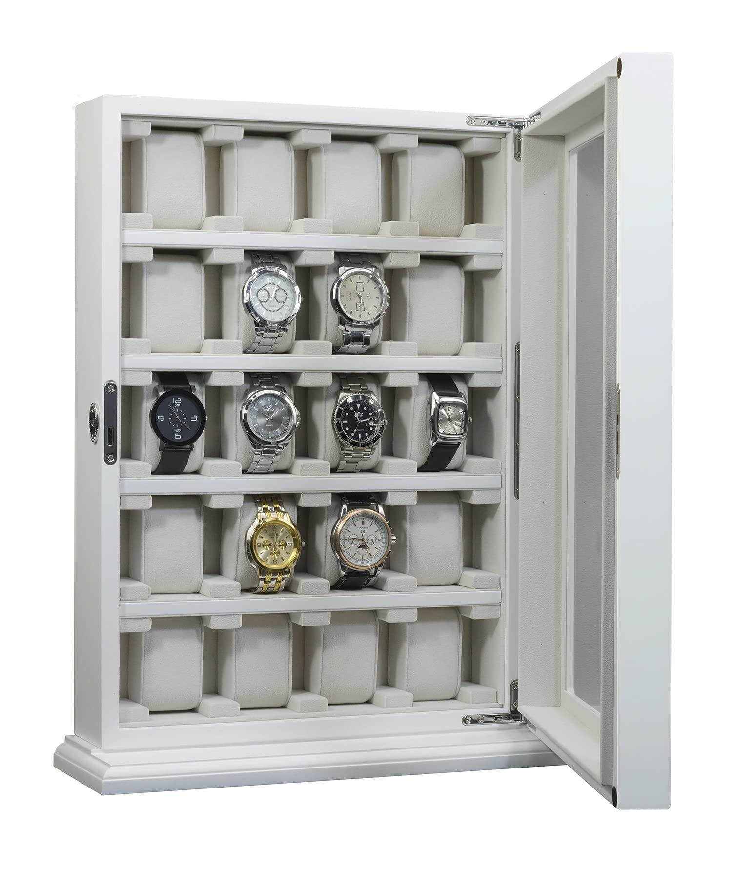 TIMELYBUYS Personalized 20 Slot White Wood Watch Display Wall Hanging Case and Storage Organizer Box and Stand for Oversized Watches